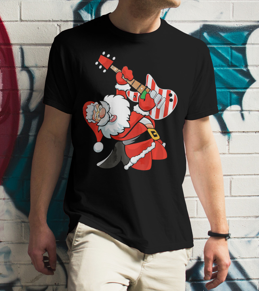 Santa Guitar Player Christmas Music Vintage Rock Holiday T-Shirt