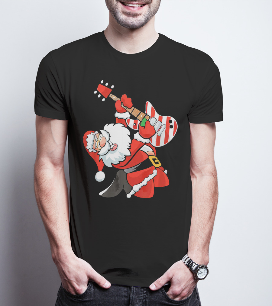 Santa Guitar Player Christmas Music Vintage Rock Holiday T-Shirt