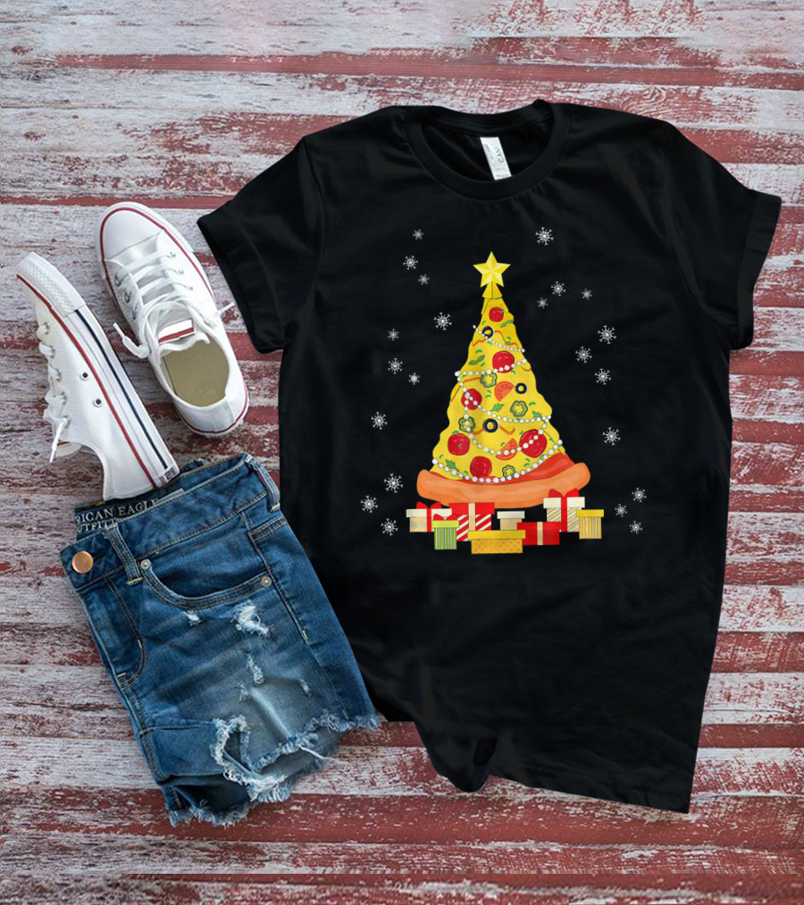 Christmas Tree Pizza With Snowflakes And Gifts T-Shirt
