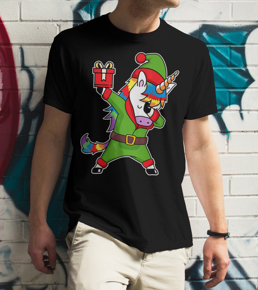Christmas Dabbing Unicorn Elf With Rainbow Mane And Gift Box T-Shirt