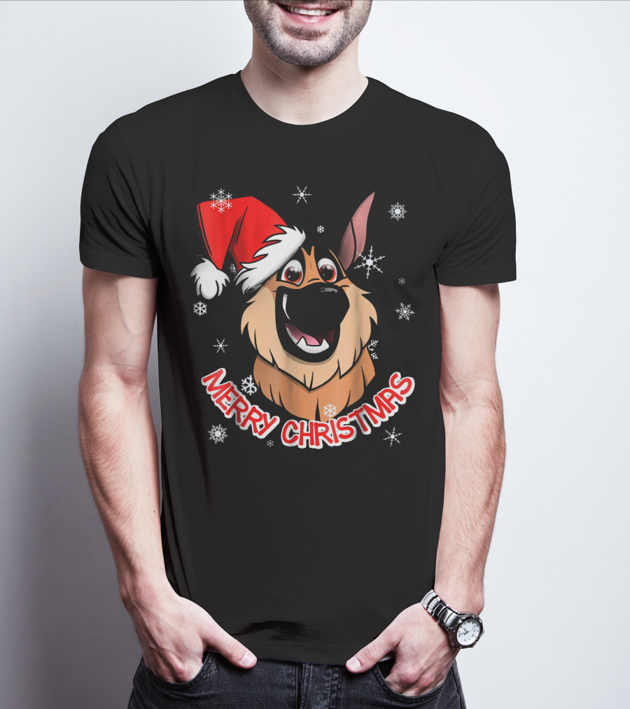 Merry Christmas GSD Smiling Santa Hat Snowflakes T-Shirt