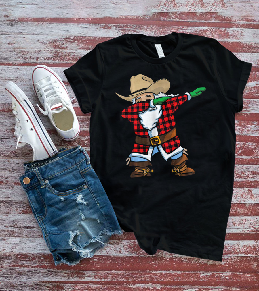 Santa Cowboy Christmas Dabbing Plaid T-Shirt