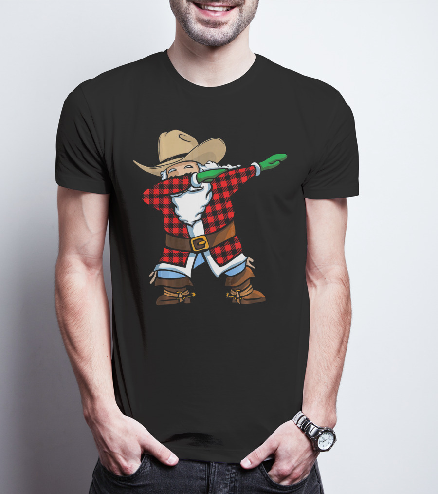Santa Cowboy Christmas Dabbing Plaid T-Shirt