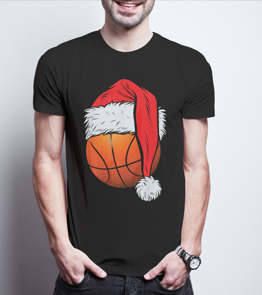 Christmas Santa Hat On Basketball Ball T-Shirt