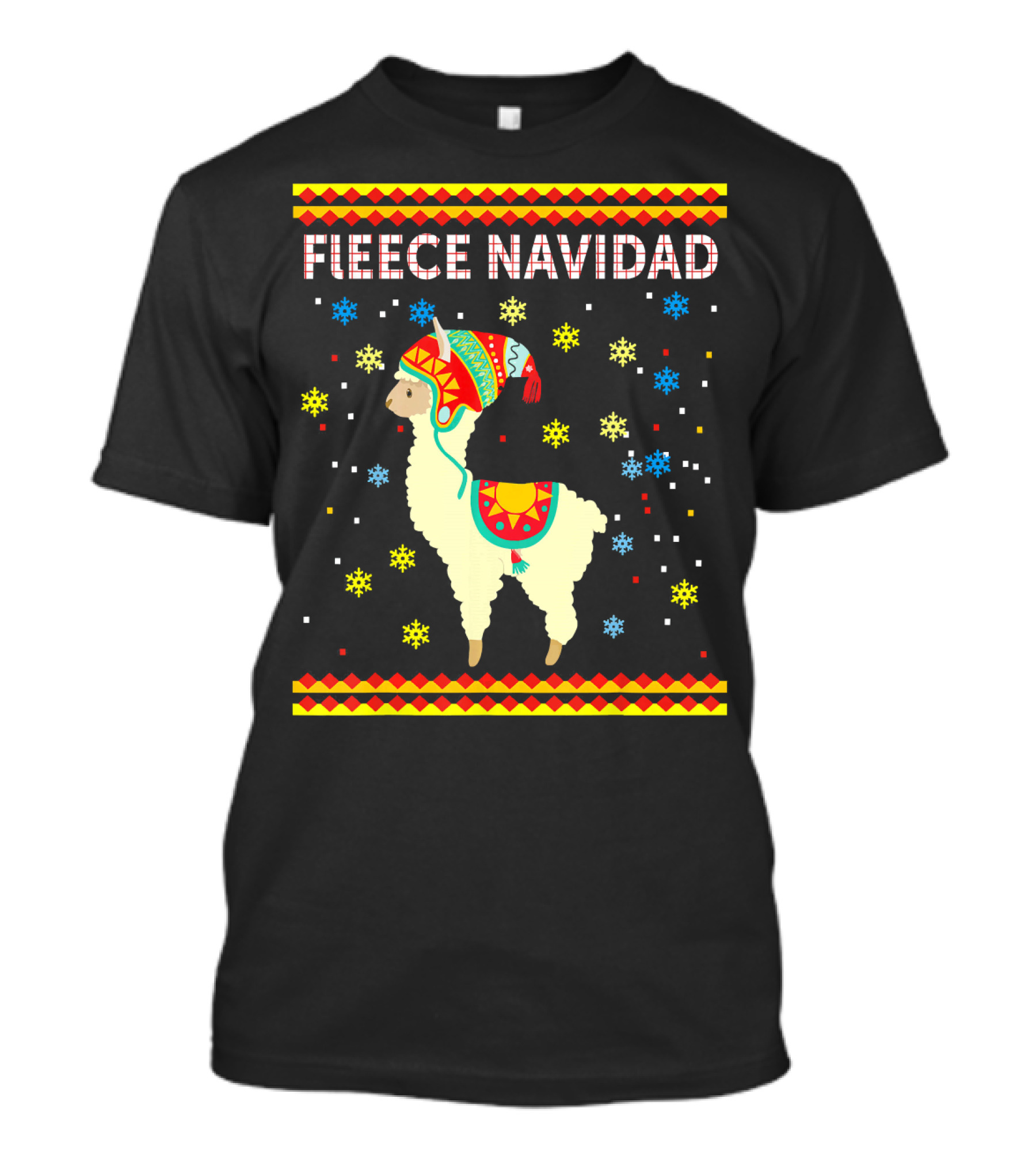 Fleece Navidad Cute Funny Llama With Colorful Winter Hat And Snowflakes T-Shirt