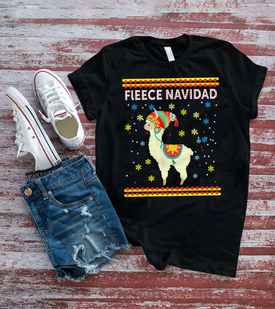 Fleece Navidad Cute Funny Llama With Colorful Winter Hat And Snowflakes T-Shirt