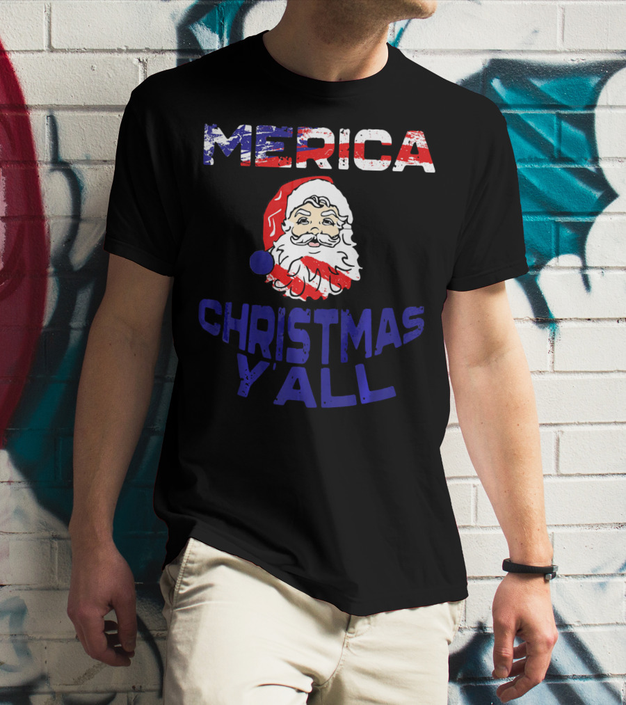Merica Christmas Yall Santa Patriotic American Flag Colors T-Shirt