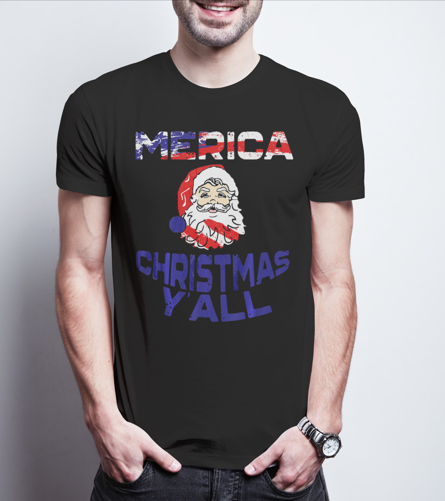 Merica Christmas Yall Santa Patriotic American Flag Colors T-Shirt