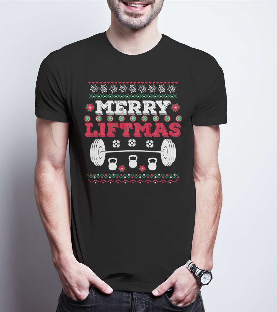 Merry Liftmas Funny Workout Barbell Kettlebell Christmas T-Shirt