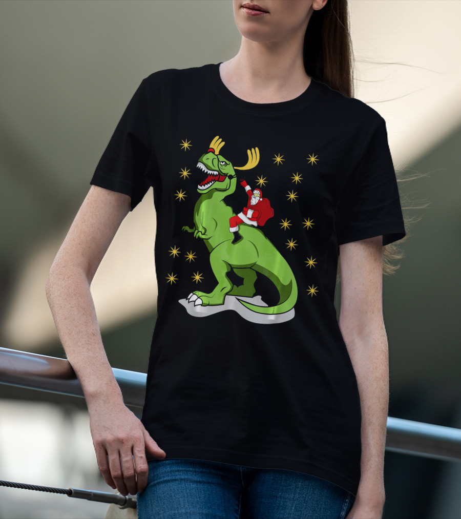 Santa Claus Riding Dinosaur With Reindeer Antlers And Stars T-Shirt
