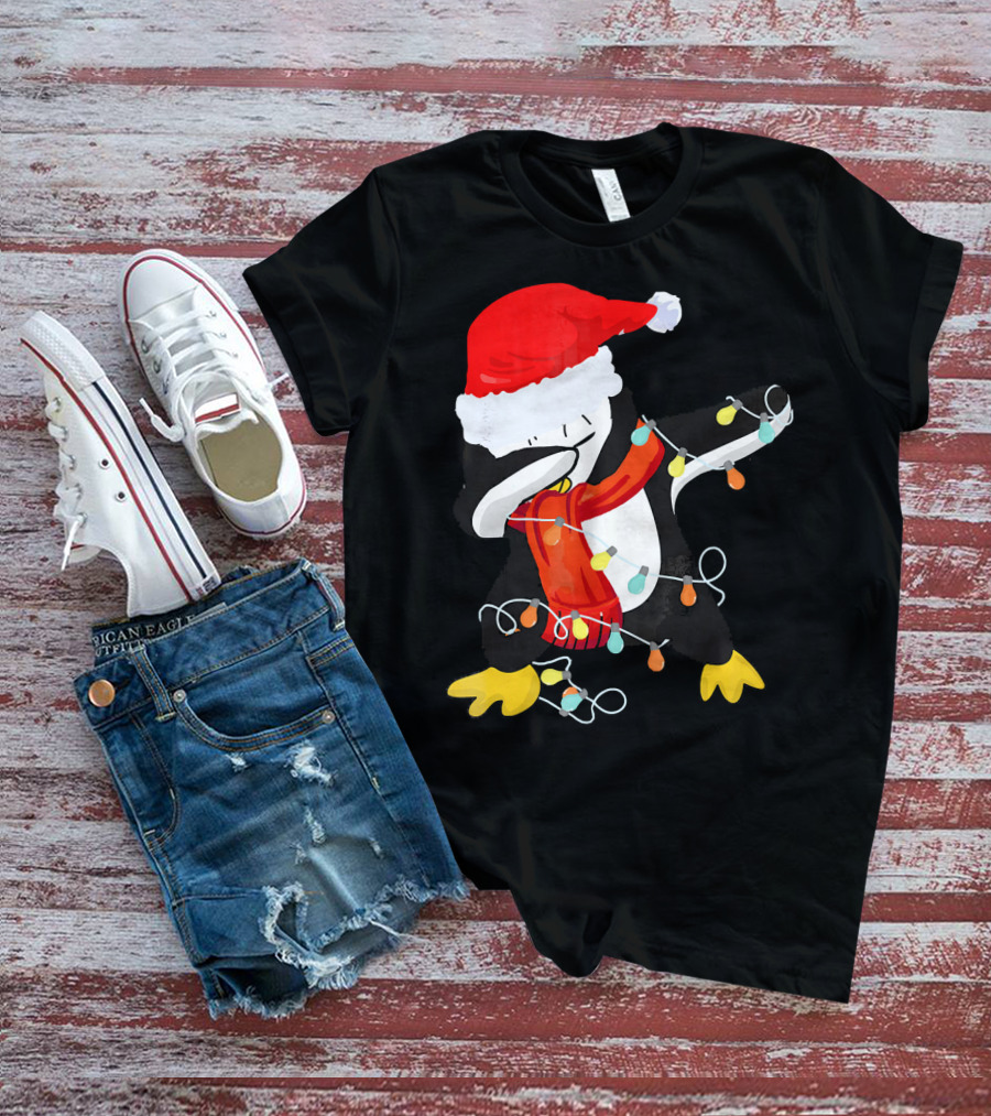 Dabbing Penguin Santa Christmas Lights T-Shirt