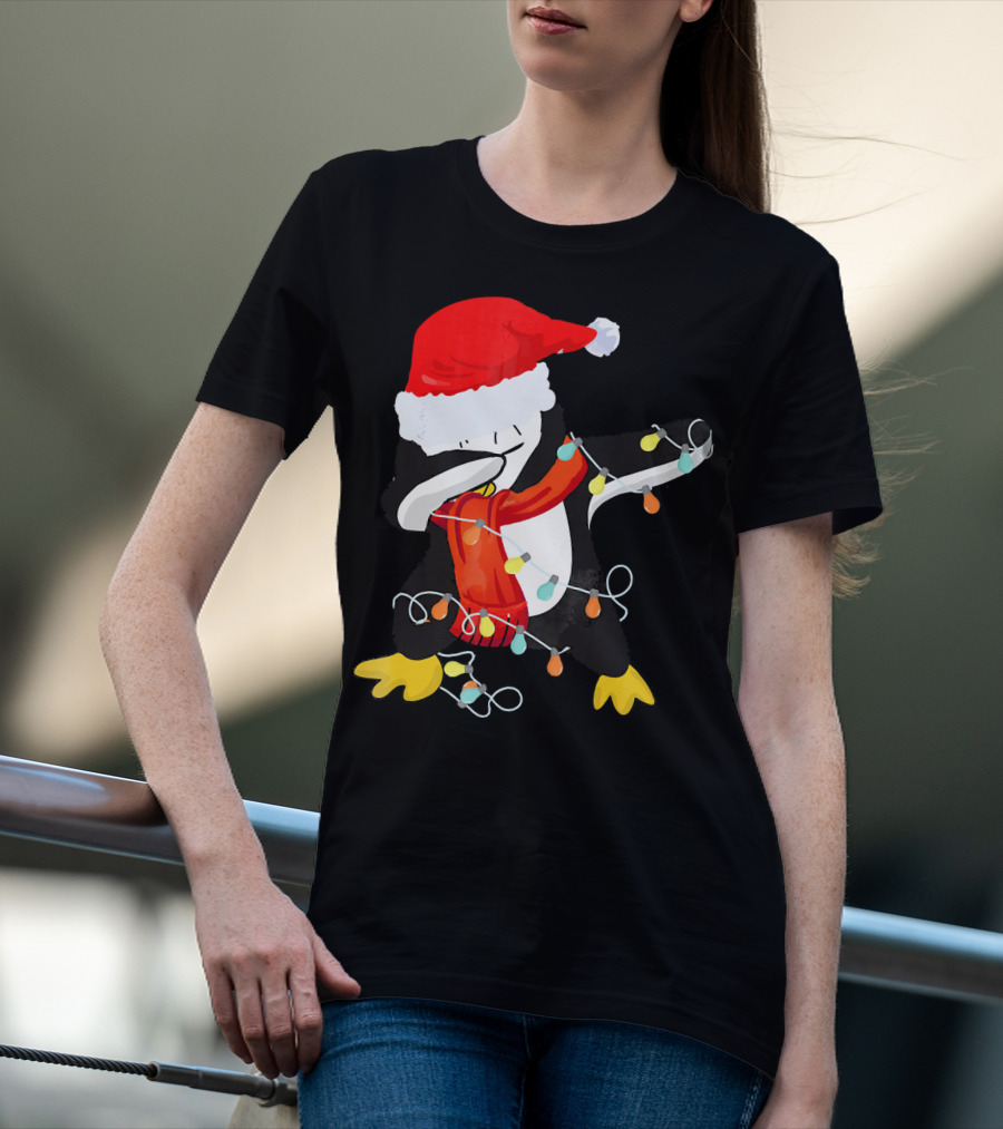 Dabbing Penguin Santa Christmas Lights T-Shirt