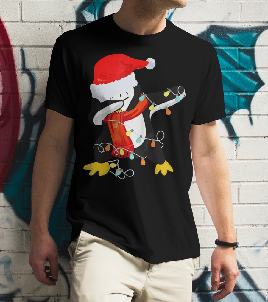 Dabbing Penguin Santa Christmas Lights T-Shirt