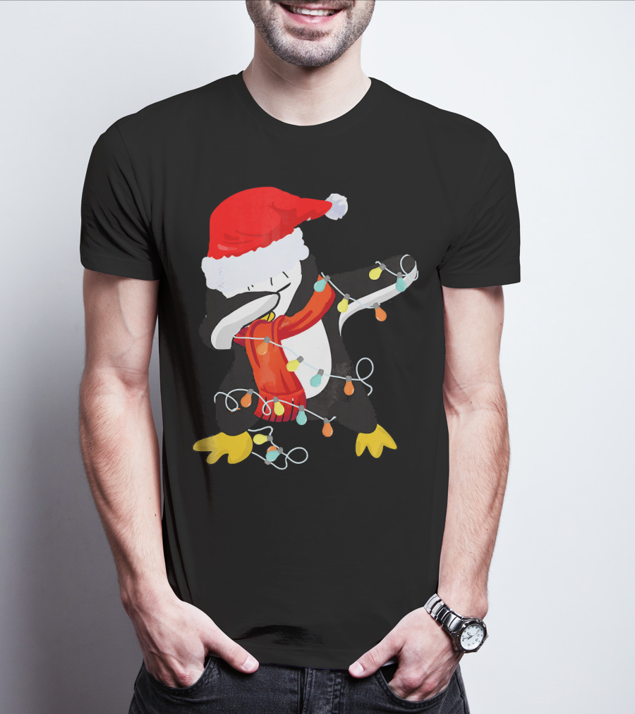 Dabbing Penguin Santa Christmas Lights T-Shirt