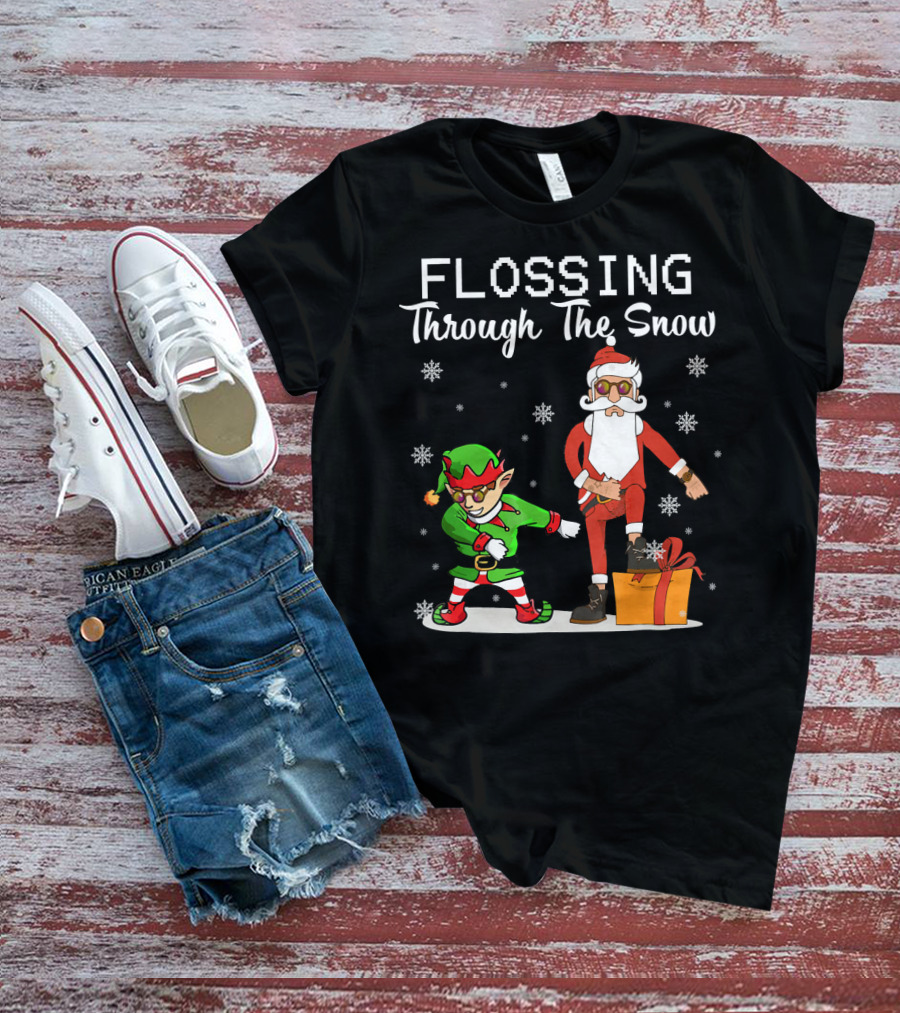 Flossing Through The Snow Santa And Elf Dancing With Gifts And Snowflakes T-Shirt