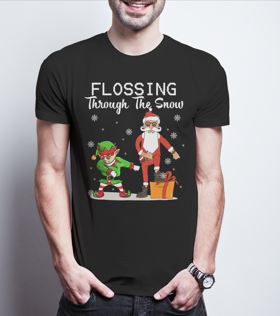 Flossing Through The Snow Santa And Elf Dancing With Gifts And Snowflakes T-Shirt