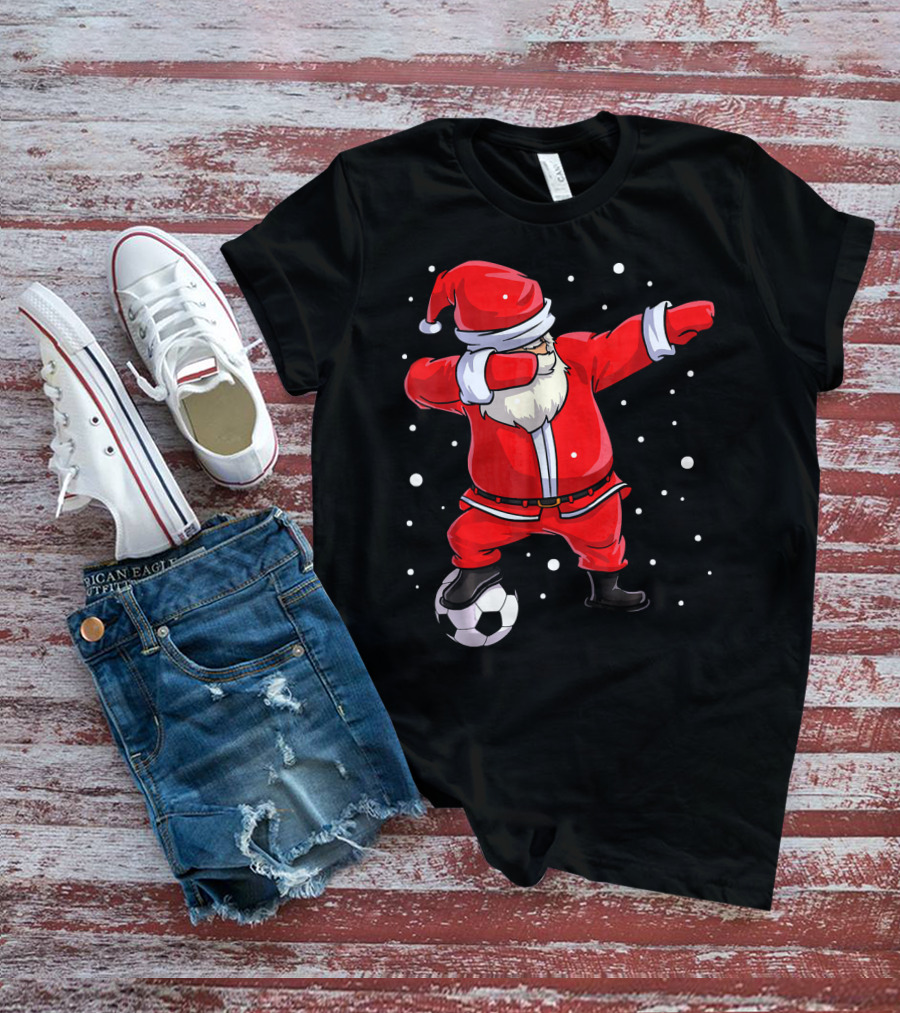 Santa Claus Dabbing On Soccer Ball Snowflakes Holiday T-Shirt