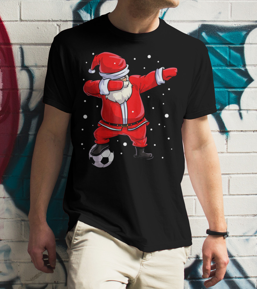 Santa Claus Dabbing On Soccer Ball Snowflakes Holiday T-Shirt