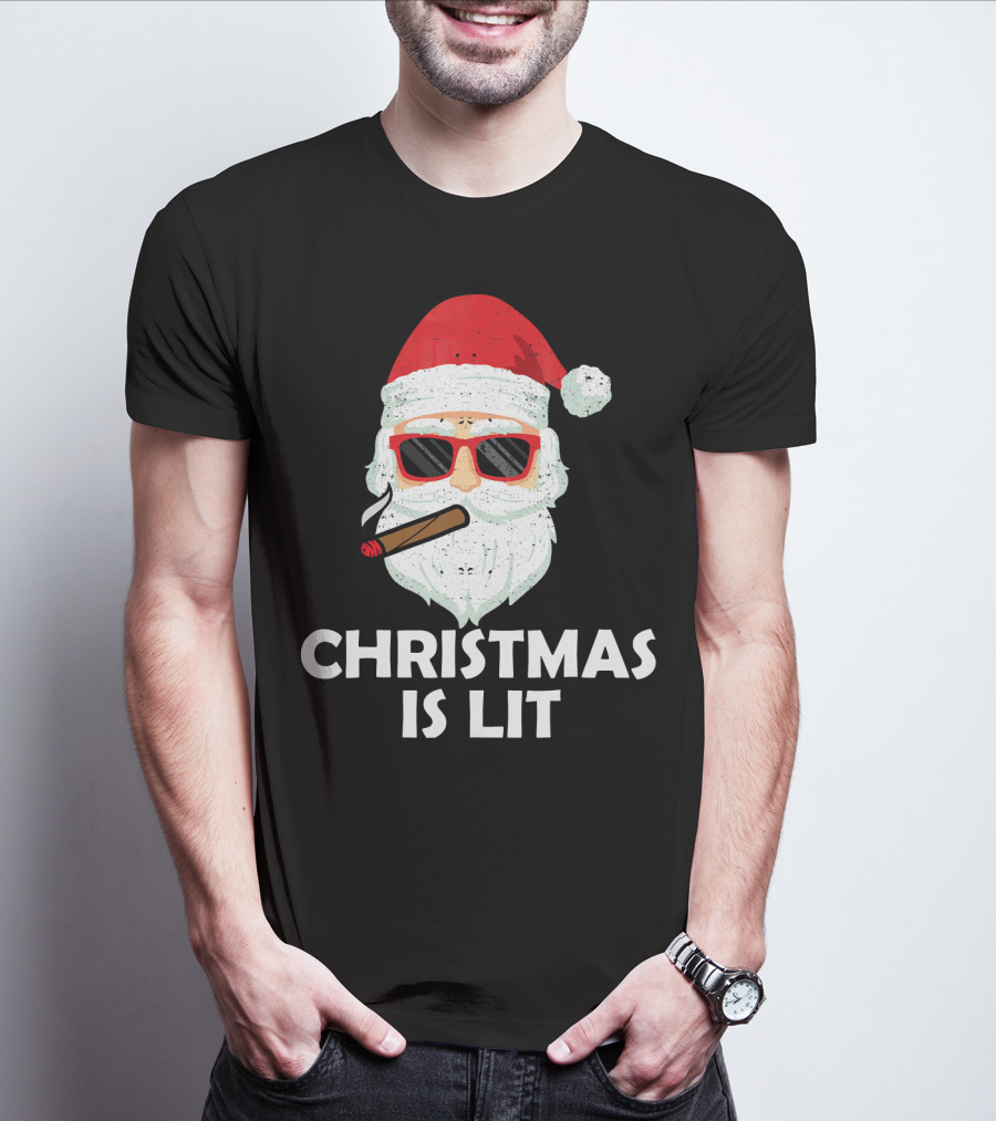 Christmas Is Lit Santa With Sunglasses And Cigar T-Shirt