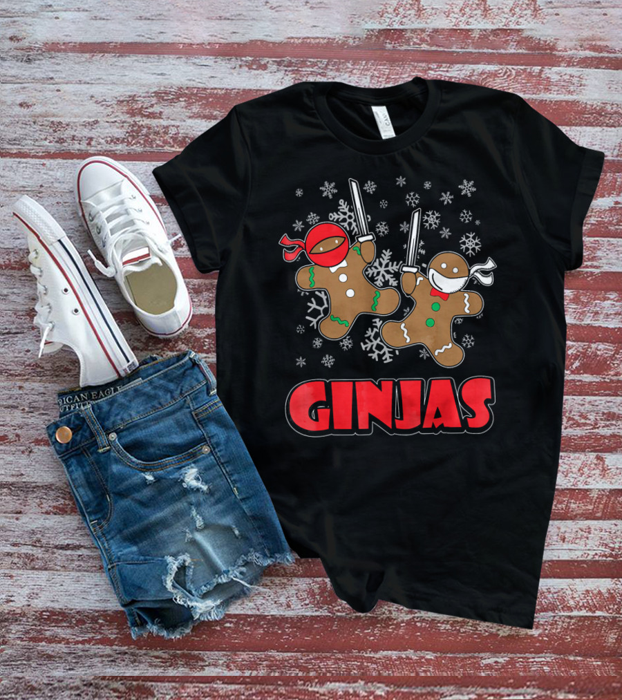 Gingerbread Man Ninjas Christmas In July Snowflakes T-Shirt