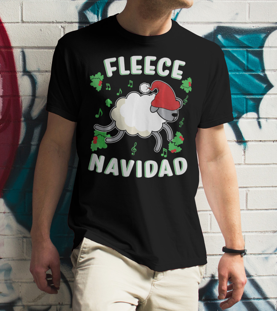 Fleece Navidad Lamb Christmas Xmas Santa Hat Music Notes Hollys T-Shirt