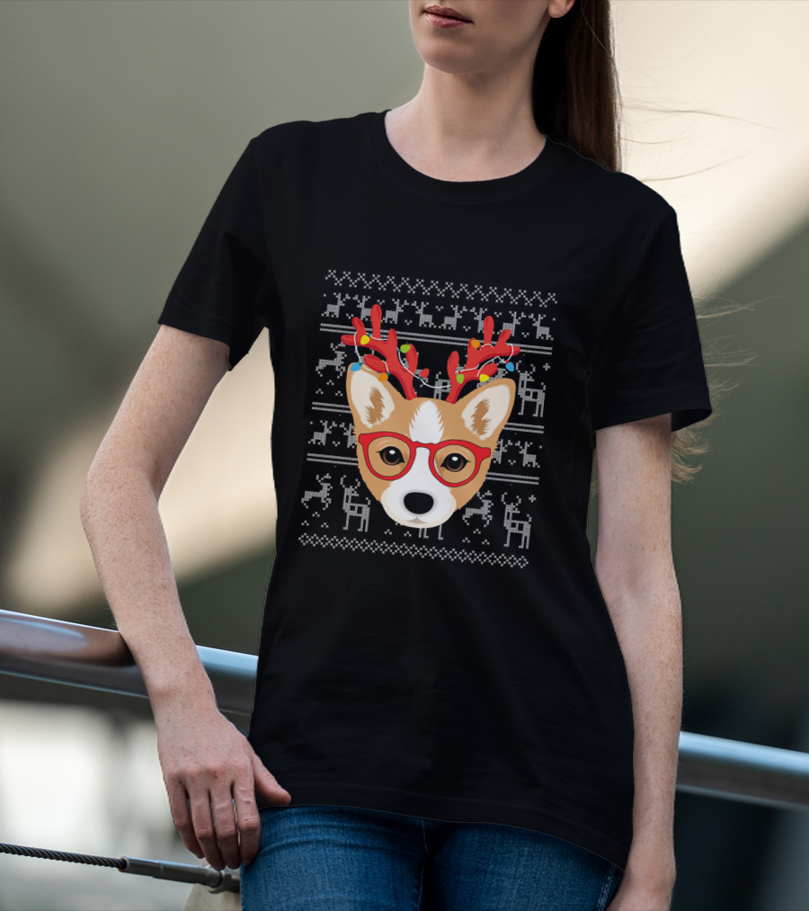 Corgi Puppy Dog With Xmas Antlers And Glasses Holiday T-Shirt