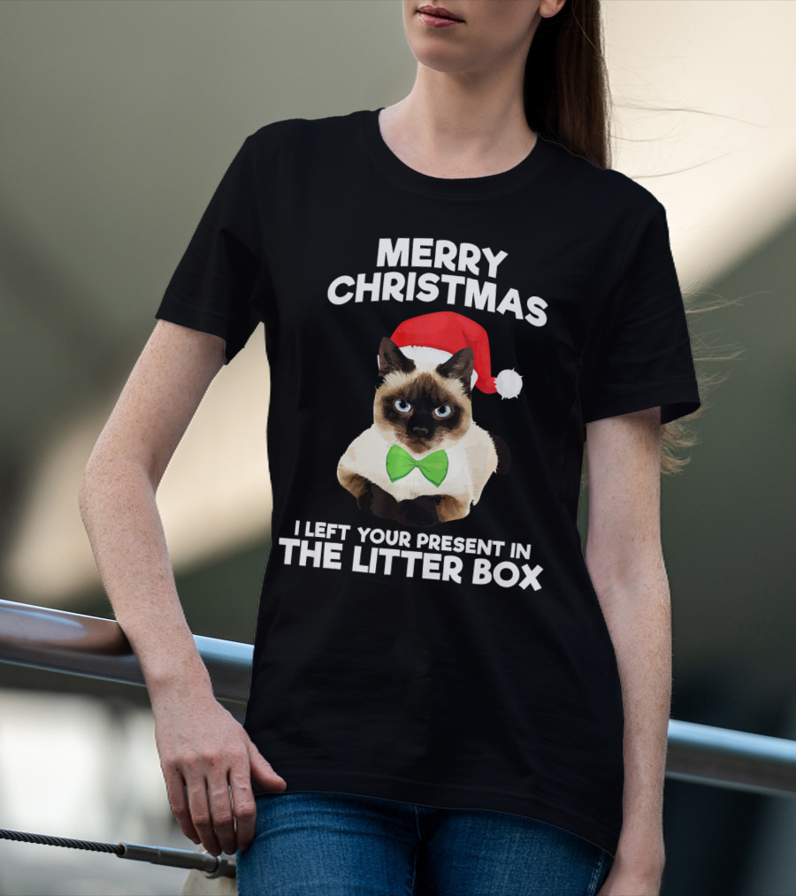 Merry Christmas I Left Your Present In The Litter Box Cat Santa Hat Bow Tie T-Shirt