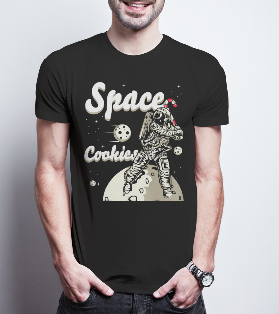 Space Cookies Xmas Weed Astronaut With Candy Cane On Moon T-Shirt