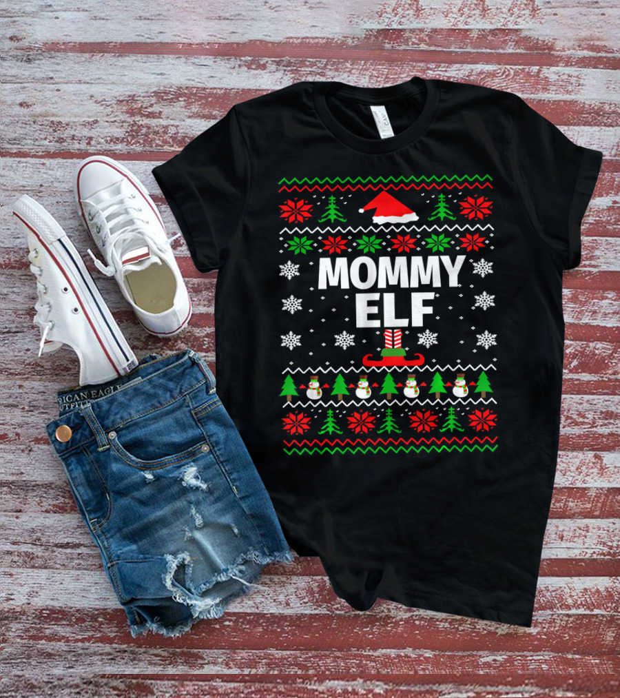 Mommy ELF Christmas Sweater Ugly Season Family Holiday Snowflakes Trees T-Shirt
