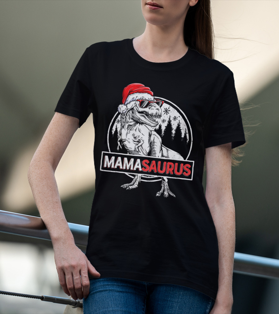Mamasaurus Dinosaur Christmas Santa Hat Sunglasses T-Shirt