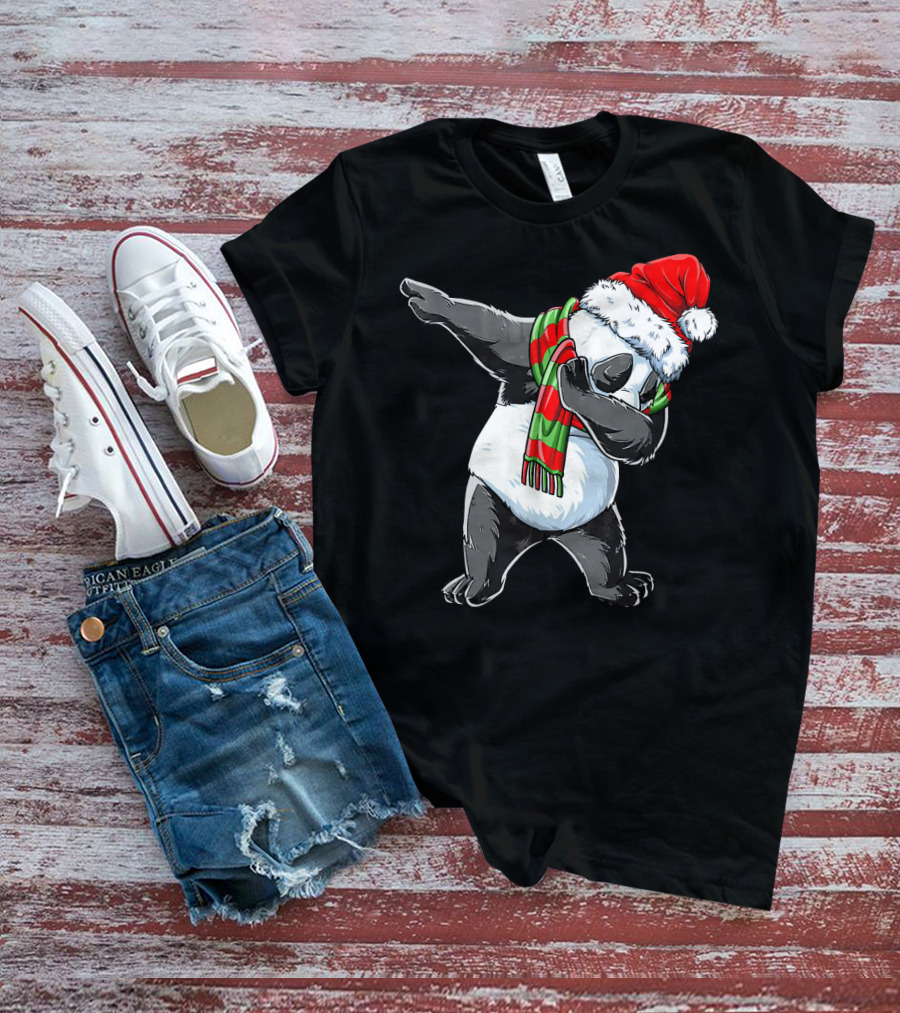 Panda Dabbing Santa Hat Red Green Scarf T-Shirt