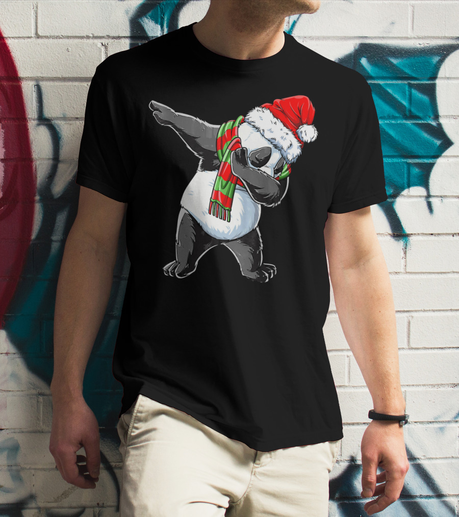 Panda Dabbing Santa Hat Red Green Scarf T-Shirt