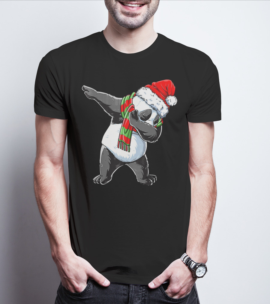 Panda Dabbing Santa Hat Red Green Scarf T-Shirt