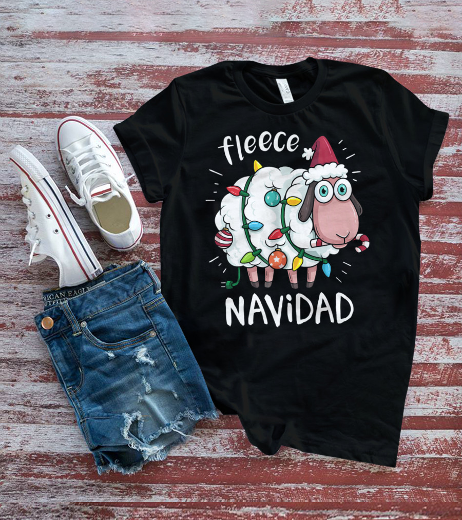 Fleece Navidad Funny Cute Sheep With Christmas Lights And Santa Hat T-Shirt