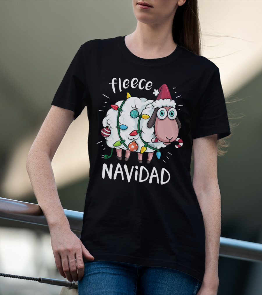 Fleece Navidad Funny Cute Sheep With Christmas Lights And Santa Hat T-Shirt
