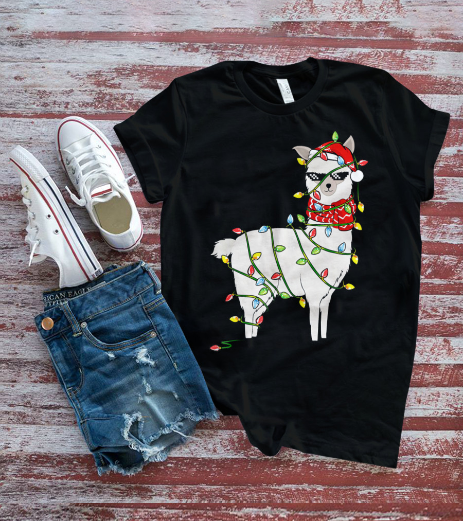 Llama Wrapped In Christmas Lights Wearing Santa Hat And Scarf T-Shirt