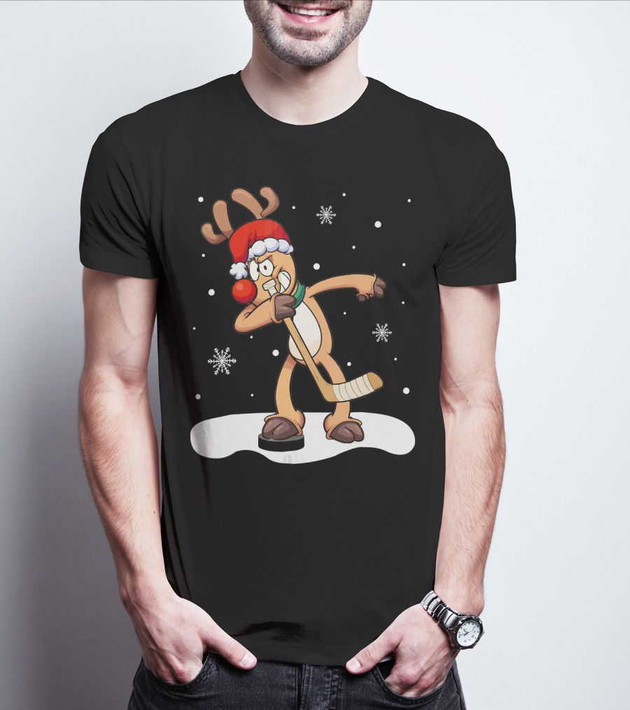Funny Dabbing Reindeer Playing Ice Hockey Xmas Snowflakes T-Shirt