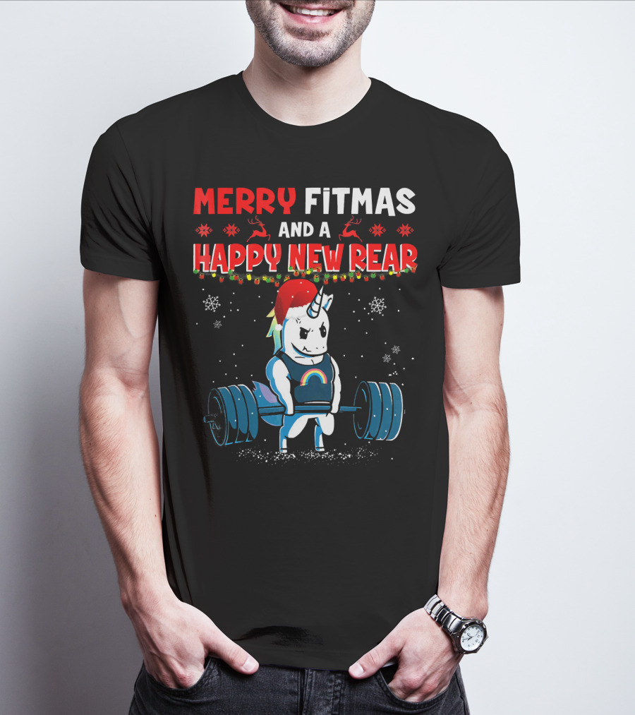 Merry Fitmas And A Happy New Rear Unicorn Weightlifting Santa Hat Snowflakes T-Shirt
