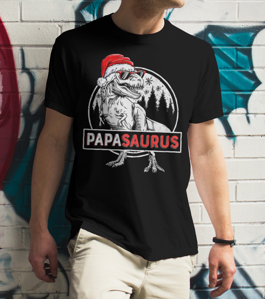 Papasaurus Dinosaur Santa Hat Christmas Snowflake Forest T-Shirt
