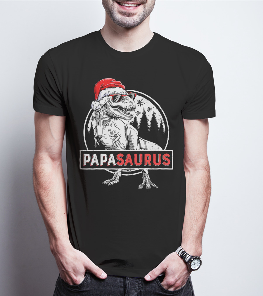 Papasaurus Dinosaur Santa Hat Christmas Snowflake Forest T-Shirt