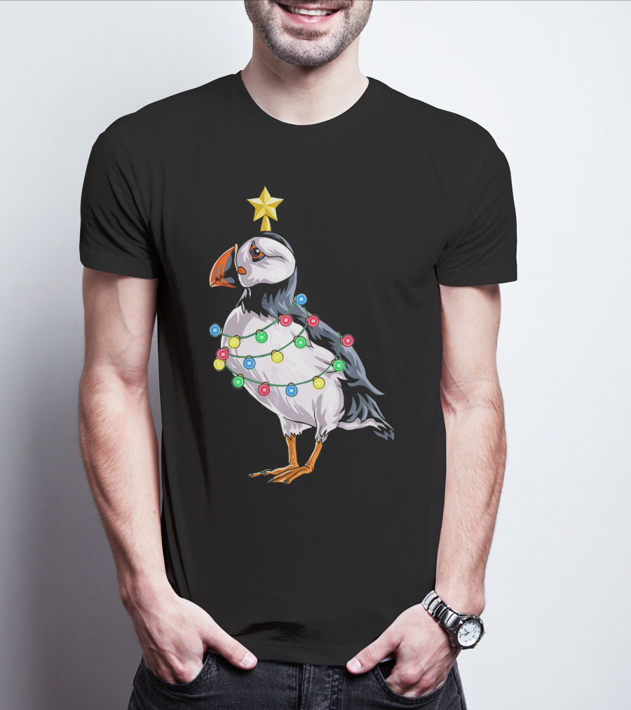 Puffin Bird Wrapped In Christmas Lights With Star T-Shirt