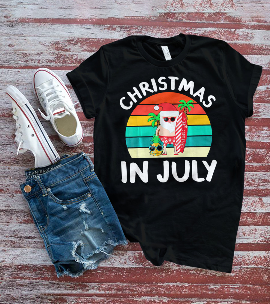 Christmas In July Vintage Santa Tropical Surfboard Merry Christmas T-Shirt