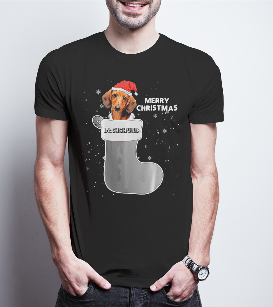 Dachshund Merry Christmas Sock Santa Hat T-Shirt