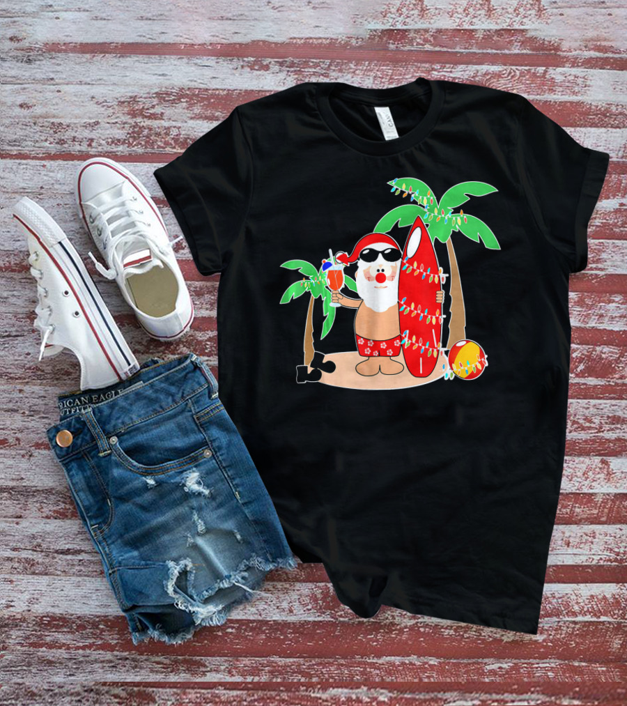 Santa Claus Surfing Hawaiian Summer Palm Trees And Lights T-Shirt