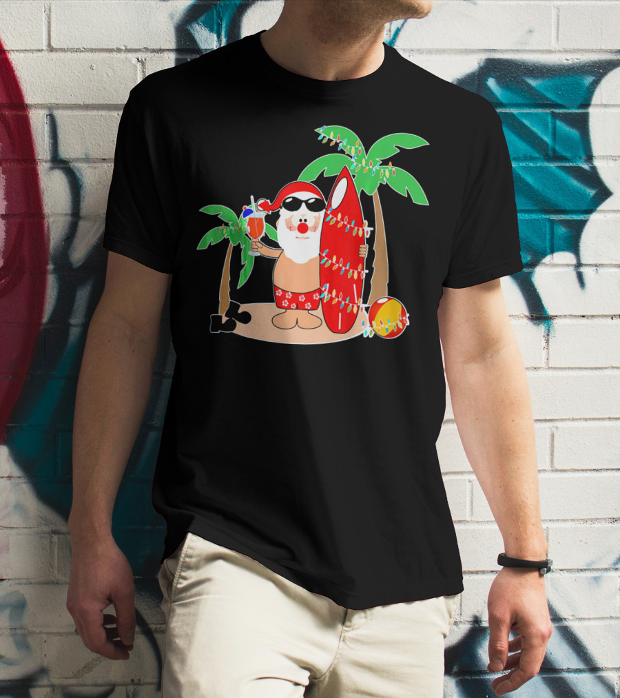 Santa Claus Surfing Hawaiian Summer Palm Trees And Lights T-Shirt