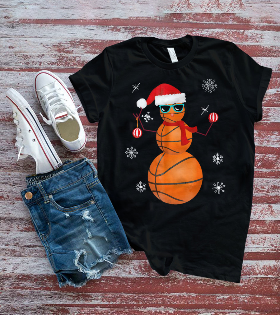 Christmas Basketball Snowman Santa With Sunglasses And Ornaments T-Shirt