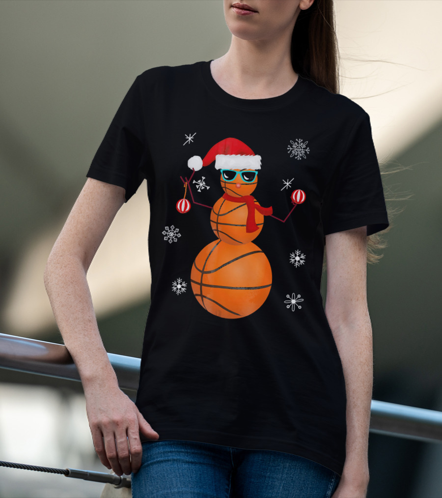 Christmas Basketball Snowman Santa With Sunglasses And Ornaments T-Shirt