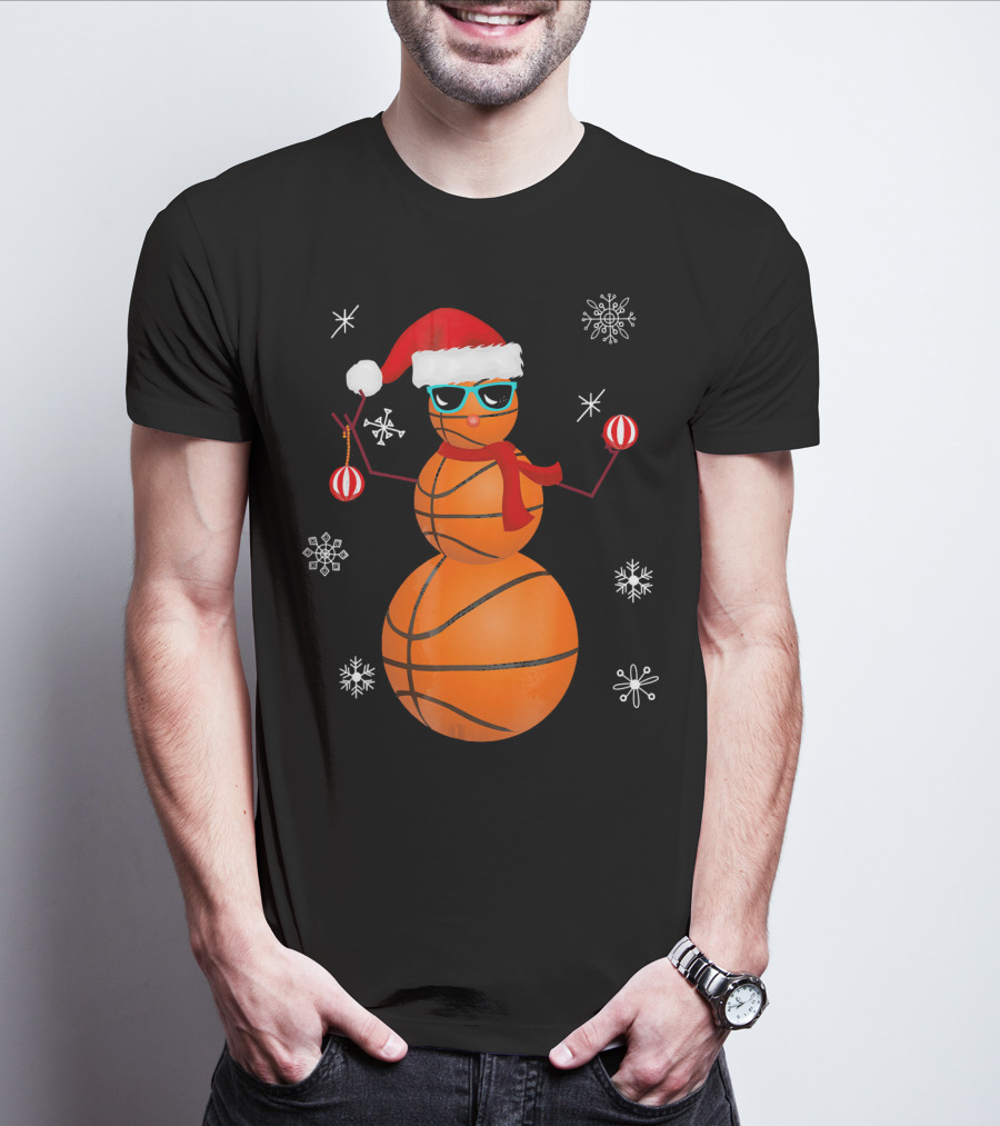 Christmas Basketball Snowman Santa With Sunglasses And Ornaments T-Shirt