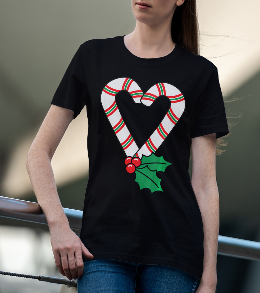 Christmas Candy Cane Heart Holly Berry T-Shirt