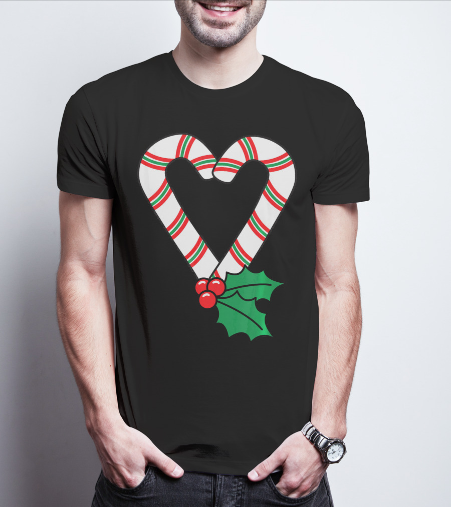 Christmas Candy Cane Heart Holly Berry T-Shirt